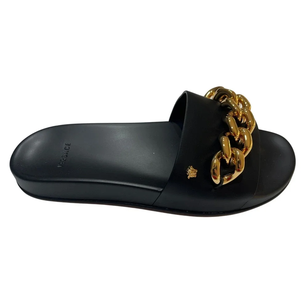 Black Slide Sandals with Gold Chain Accent